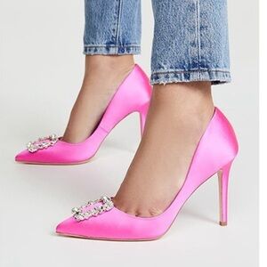 Badgley Mischka Vibrant Pink Satin Heels with Crystal Embellishments